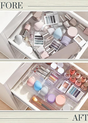 STORi SimpleSort 6-Piece Stackable Clear Drawer Organizer Set | 6" x 3" x 2" Rectangle Trays | Small Makeup Vanity Storage Bins and Office Desk Drawer Dividers | Made in USA