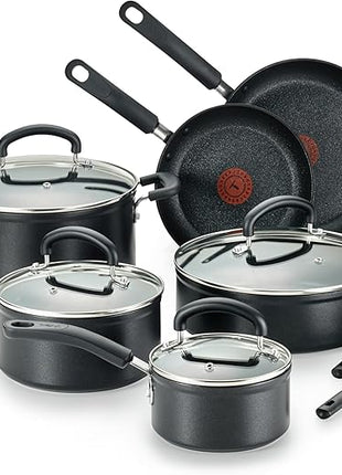 T-fal Advanced Nonstick Cookware Set 12 Piece, Oven Broiler Safe 350F, Kitchen Cooking Set W/Fry Pans, Saucepans, Deep Saute, Dutch Oven & Kitchen Utensils, Pots and Pans, Dishwasher Safe, Black