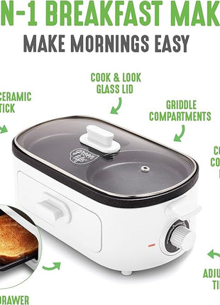 GreenLife 3-in-1 Breakfast Maker Station, Healthy Ceramic Nonstick Dual Griddles for Eggs Meat Sausage Bacon Pancakes and Breakfast Sandwiches, 2 Slice Toast Drawer, Easy-to-use Timer, White