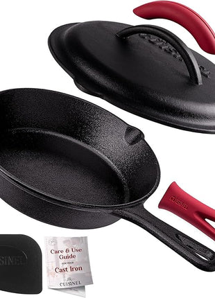 Cuisinel Cast Iron Skillet with Lid - 8"-inch Pre-Seasoned Covered Frying Pan Set + Silicone Handle and Lid Holders + Scraper/Cleaner - Indoor/Outdoor, Oven, Camping Fire, Grill Safe Kitchen Cookware