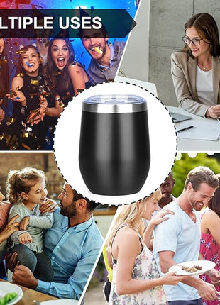 MEZMUT 12 Oz Insulated Wine Tumbler with Lid Double Wall Vacuum Stainless Steel Wine Glass Coffee Mug Insulated Tumbler Cup for Champaign, Cocktail, Beer (Black, 6 Pack)