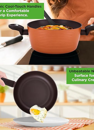 NutriChef Professional 12-Piece Brown Nonstick Cookware - PFOA/PFOS-Free, Heat Resistant Lacquer, Elegant Design, Multi-Sized Pots and Pans