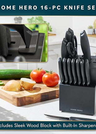 Home Hero Kitchen Knife Set - Wooden Knife Block Organizer - High Carbon Stainless Steel Blades - Ergonomic Handles with Built-In Sharpener & Kitchen Scissors - 16-Pc, Black