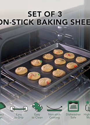 Nifty Cookie & Baking Sheets (Set of 3) – Non-Stick Coated Steel, Dishwasher Safe, Oven Safe up to 450 Degrees, includes Large/Med/Small Pans