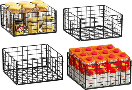 X-cosrack Metal Wire Basket Organizers Foldable & Wall Mounted Freezer Organizer Bins with Handles 4 Pack- Extra Large Mesh Bin for Pantry Organization Kitchen Laundry Closet Garage Patent Design