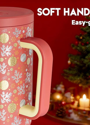 Meoky 40 oz Christmas Tumbler with Handle and Straw, Xmas Tumbler with Lid and Straw, Insulated Stainless Steel Travel Mug, Christmas Gifts for Women Men Adults (Merry Bells)