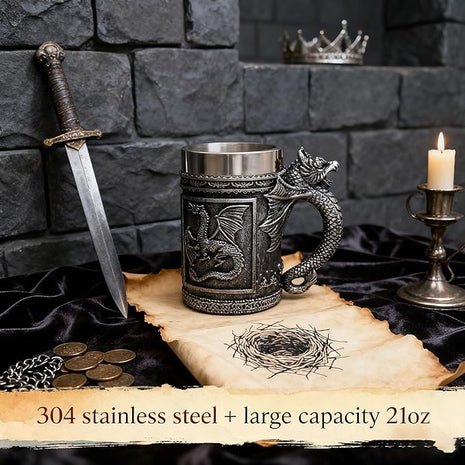 alikiki Dungeons and Dragons Coffee Mug Large - GOT D&D Gaming Beer Mugs Gifts for Men - 21oz Stainless Steel Drinking Tankard Coffee Cup Dragon Gift for Lovers Collector Party Decoration