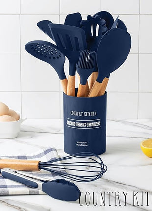 Country Kitchen Non Stick Silicone Utensil Set with Rounded Wood Handles for Cooking and Baking, 14 Piece Set, Navy
