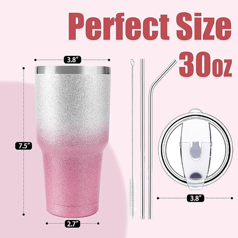 D·S 30 oz Tumbler Pink Glitter Gradient Cup Stainless Steel Double Wall Vacuum Insulated Mug with Straw and Lid, Cleaning Brush for Cold and Hot Beverages