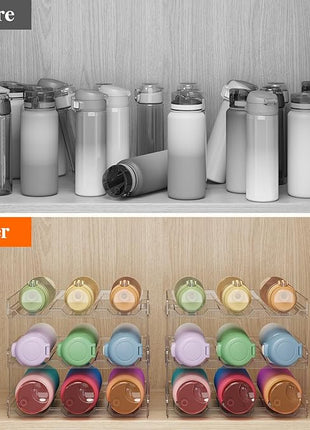 Lifewit Stackable Water Bottle Organizer for Cabinet, Water Bottle Holder, Kitchen Pantry Organization and Storage, Plastic Fridge Wine Racks, Tumbler Travel Mug Cup Holder, 3Pack, Hold 9 Bottles