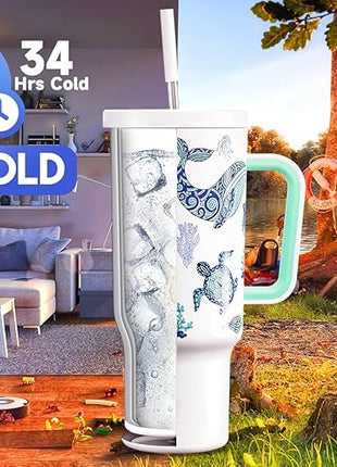 Meoky 40 oz Glow in the Dark Tumbler with Handle and Straw, Tumbler with Lid and Straw, Insulated Stainless Steel Travel Mug, 100% Leak-proof, Keeps Cold for 34 Hours (Sea Life)