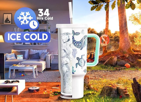 Meoky 40 oz Glow in the Dark Tumbler with Handle and Straw, Tumbler with Lid and Straw, Insulated Stainless Steel Travel Mug, 100% Leak-proof, Keeps Cold for 34 Hours (Sea Life)