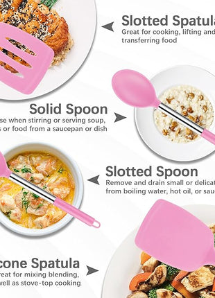 Silicone Spatula Spoon Set, 4 PCS Silicone Cooking Utensils Spatula Spoon Set with Stainless Steel Handle, BPA Free Kitchen Turners for Frying, Mixing, Serving, Draining, Turning, Stirring, Pink