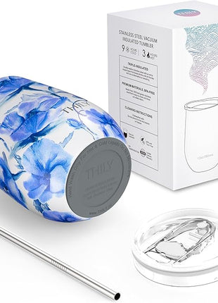 THILY Stainless Steel Insulated Wine Tumbler Stemless Wine Glass with Sliding Lid and Straw, Cute Travel Cup Keep Coffee and Cocktails Cold, Gifts for Women, Her, Iridaceae