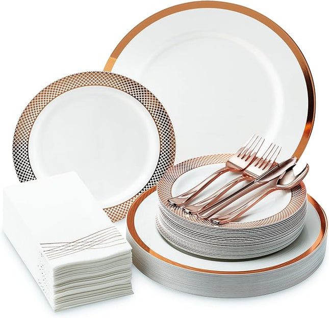By Madee PREMIUM Elegant Disposable Dinnerware Set - 175 Pc Rose Gold Plastic Plates and Utensils Set with Luxury Napkins - Perfect for Weddings, Bridal & Baby Shower (25 Guests)