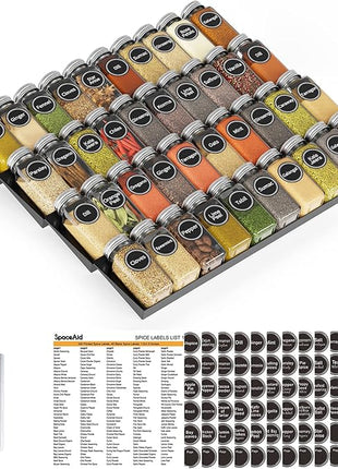 SpaceAid Spice Drawer Organizer with 40 Spice Jars, 386 Spice Labels, 4 Tier Seasoning Rack Tray Insert for Kitchen Drawers, 18.5" Wide x 17.5" Deep