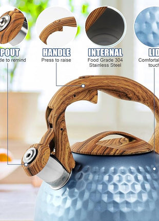 Stainless Steel Tea Kettle Blue, Teapot 3.2 Quart Whistling Tea Kettle, Tea Pots for Stove Top with Wood Pattern Handle, Gas Electric Applicable