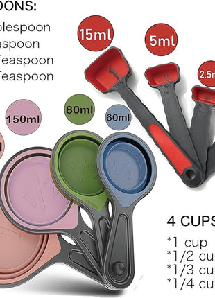 Collapsible Silicone Soft Measuring Cups and Measuring Spoons,8 pieces Portable Food Grade Silicone Cup for Liquid & Dry Measuring Baking &Utensils & Travel Measuring Cup，space saver (Pink)