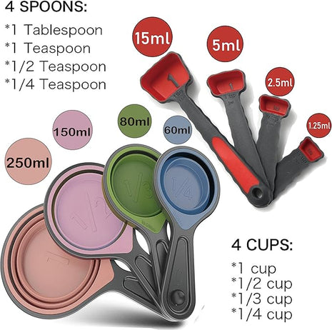 Collapsible Silicone Soft Measuring Cups and Measuring Spoons,8 pieces Portable Food Grade Silicone Cup for Liquid & Dry Measuring Baking &Utensils & Travel Measuring Cup，space saver (Pink)