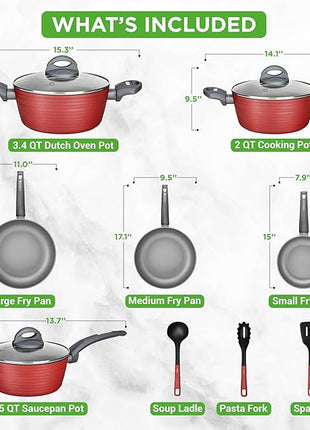 NutriChef 12-Piece Nonstick Kitchen Cookware Set-PTFE/PFOA/PFOS-Free Heat Resistant Lacquer Kitchen Ware Pots Pan Set Dark Gray/Red- Saucepot, Pans, Cooking Pot Oven Pot, Lid, Utensil - NCCW12RED