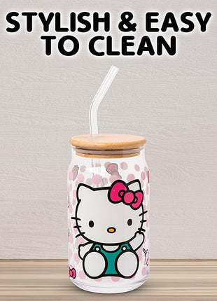 Silver Buffalo Sanrio Hello Kitty Strawberry Milk Bow Pink Polka Dot Glass Jar Tumbler with Bamboo Lid and Glass Straw, 16 Ounces