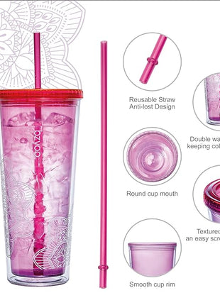 bzyoo SIP 24oz (710ml) Double Wall Plastic Tumbler with Lid and Straw Cold Drink Travel Mug Reusable Party Cup Perfect for Office Ice Coffee or Tea and Gift Color: Pink & Purple