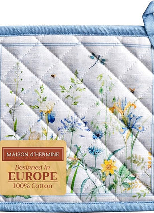 Maison d' Hermine Pot Holders 100% Cotton Heat Resistant Potholders 8" x 8" Hot Pads with Loop BBQ, Cooking, Baking, Grilling, Kitchen, Handling Hot Pans Spring/Summer (Pack of 1, Fleurs De Mai)