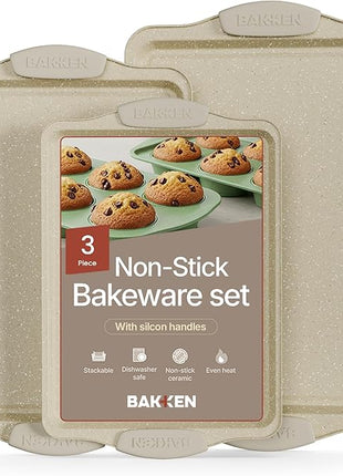 BAKKEN Cookie Sheets for Baking Nonstick Set - 3-Piece Stackable Carbon Steel Baking Sheet Pans Set with Silicone Handles, Non Toxic Cookie Sheets for Baking Bakeware Set - White Marble