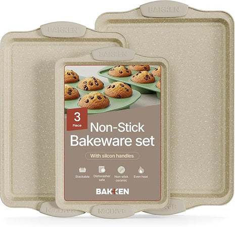 BAKKEN Cookie Sheets for Baking Nonstick Set - 3-Piece Stackable Carbon Steel Baking Sheet Pans Set with Silicone Handles, Non Toxic Cookie Sheets for Baking Bakeware Set - White Marble