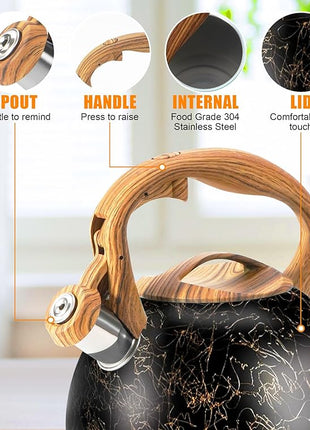 3.2Qt Whistling Tea Kettle for Stove Top, Food Grade Stainless Steel Wood Handle Teapot, Durable for Brewing Coffee, Tea, Milk, Suitable for All Heat Sources (Golden line)