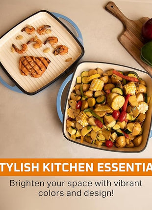 Bruntmor 2-in-1 Square Dutch Oven Casserole Dish with Lid, Dual Handles and Grill Pan for Baking, Braising and Grilling - Durable All-in-One Enameled Cast Iron Cookware Set for Kitchen, Whale Blue
