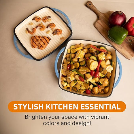 Bruntmor 2-in-1 Square Dutch Oven Casserole Dish with Lid, Dual Handles and Grill Pan for Baking, Braising and Grilling - Durable All-in-One Enameled Cast Iron Cookware Set for Kitchen, Whale Blue