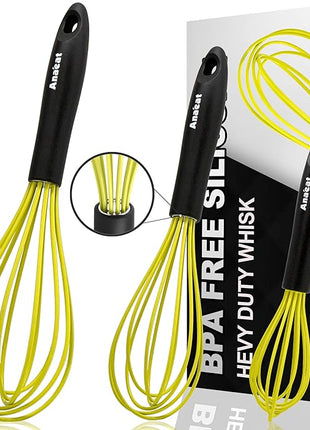 Anaeat Silicone Whisk, Thick Stainless Steel Wire Inner Heat Resistant - Kitchen Whisks for Non-Stick Cookware, Balloon Egg Beater for Whisking, Blending, Beating, Frothing & Stirring (Yellow)