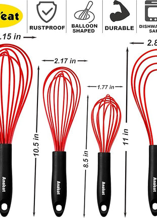Anaeat Silicone Kitchen Whisk Set of 4, Perfect for Non-Stick Cookware, Milk and Egg Beater Blender for Whisking, Cooking, Baking, Beating - 11'' Flat Whisk and 8.5''+10.5''+12'' Balloon Whisks (Red)