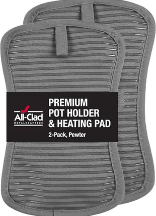 All-Clad Premium Pot Holder & Heating Pad, (2-Pack) Heat Resistant to 500 Degrees, 100% Cotton 10"x6.25" for Kitchen and Barbeque, Pewter