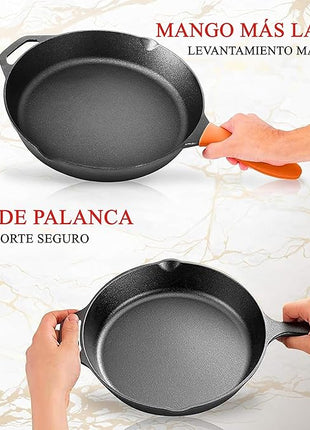 NutriChef 10" & 12" Pre-Seasoned Cast Iron Pans - Durable Nonstick Skillets, Cool-Touch Silicone Handle, For Oven, Grill & All Stovetops