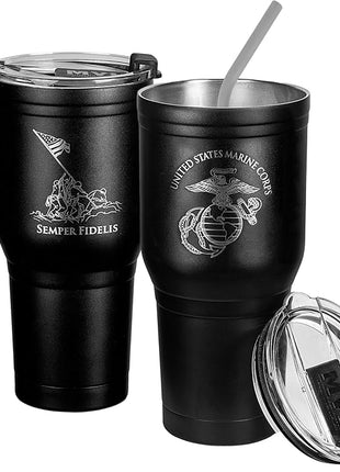 Military Gift Shop USMC 30 oz Coffee Travel Mug | Double Wall Vacuum Insulated Coffee Tumbler | Stainless Steel Coffee Mug With Lid & Straw USMC 30oz Tumbler