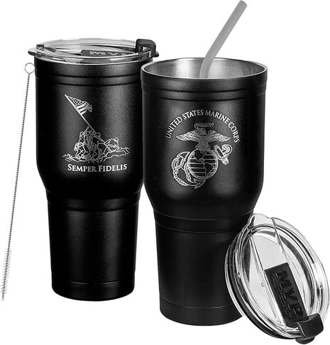 Military Gift Shop USMC 30 oz Coffee Travel Mug | Double Wall Vacuum Insulated Coffee Tumbler | Stainless Steel Coffee Mug With Lid & Straw USMC 30oz Tumbler