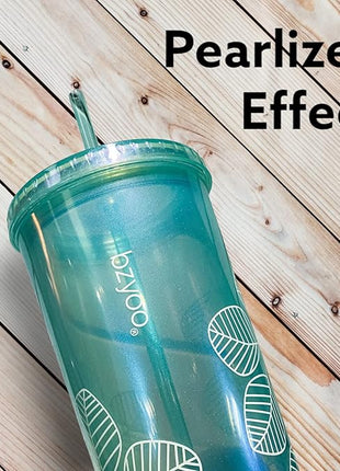 bzyoo SIP 24oz (710ml) Double Wall Plastic Tumbler with Lid and Straw Cold Drink Travel Mug Reusable Ice Coffee Tea Cup Perfect for Office Poolside Parties Gifts Color: Pearl Green