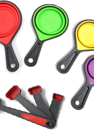 Collapsible Silicone Soft Measuring Cups and Measuring Spoons,8 pieces Portable Food Grade Silicone Measurement Cup for Liquid & Dry Measuring Baking & Travel Measuring Cup，space saver (Purple)