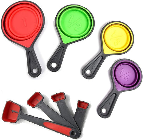 Collapsible Silicone Soft Measuring Cups and Measuring Spoons,8 pieces Portable Food Grade Silicone Measurement Cup for Liquid & Dry Measuring Baking & Travel Measuring Cup，space saver (Purple)