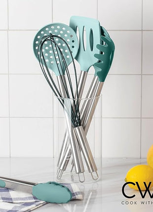 COOK WITH COLOR Silicone Cooking Utensils, Kitchen Utensil Set, Easy to Clean Silicone Kitchen Utensils, Cooking Utensils for Nonstick Cookware, Kitchen Gadgets Set, 10 Pieces, Teal