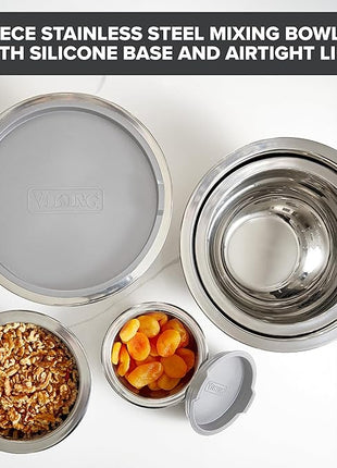 Viking Mixing Bowls Set, 10 Piece Stainless Steel Kitchen Cookware, Non-Slip Silicone Base, Includes Tight Fit Lids, Dishwasher Safe, Grey