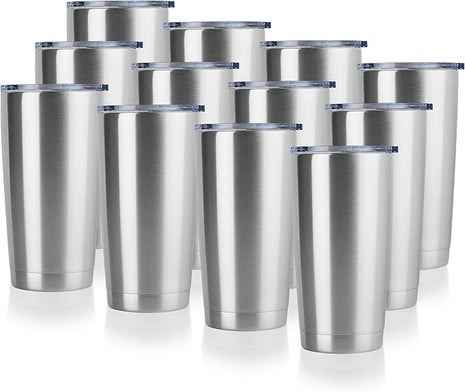 DOMICARE 20oz Stainless Steel Tumbler Bulk with Lid, Double Wall Vacuum Insulated Travel Mug, Powder Coated Coffee Cup, Stainless Steel, 12 Pack