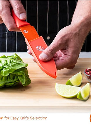 MasterChef Kitchen Knife Set with Covers incl. Paring, Boning, Carving, Bread, Santoku & Chef Knife, Sharp Cutting Stainless Steel Blades with Sheaths, 12 Piece (6 Colored Kitchen Knives & 6 Covers)