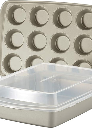 Rachael Ray Nonstick Bakeware Set without Grips includes Nonstick Baking Pan with Lid and Muffin Pan / Cupcake Pan - 3 Piece, Silver