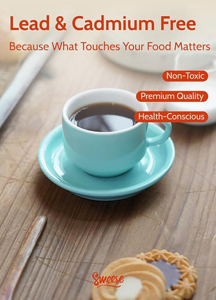 Sweese 4 Ounce Porcelain Stackable Espresso Cups with Saucers and Metal Stand Set of 4, Turquoise