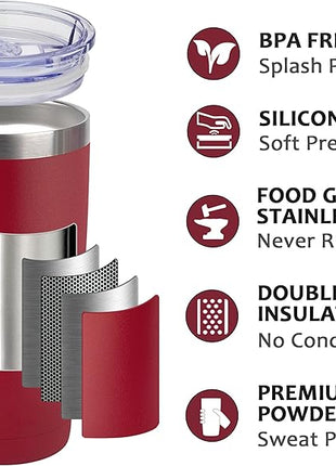 SUNWILL Travel Coffee Tumbler 20 oz, Insulated Mug with Lid, Stainless Steel Cup for Hot and Cold Drinks, Powder Coated Wine Red