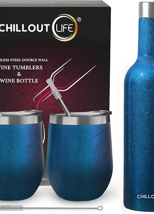 CHILLOUT LIFE 12 oz Stainless Steel Wine Tumblers 2 Pack & 1 Insulated Wine Bottle - Double Wall Vacuum Insulated Wine Glasses Cups with Lids and Straws Set Keeping Cold & Hot Gift Set