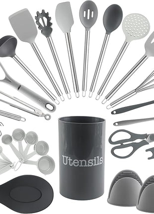 COOK WITH COLOR Silicone Cooking Utensils, Kitchen Utensil Set, Easy to Clean Silicone Kitchen Utensils, Cooking Utensils for Nonstick Cookware, Kitchen Gadgets Set, 38 Piece, Gray